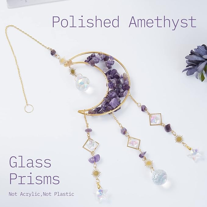 Amethyst Crystals Suncatcher - Hanging Moon Sun Catcher with Glass Prisms for Windows, Healing Amethyst Crystal Decor for Home, Gift for Christmas Birthday Valentine Mothers Day