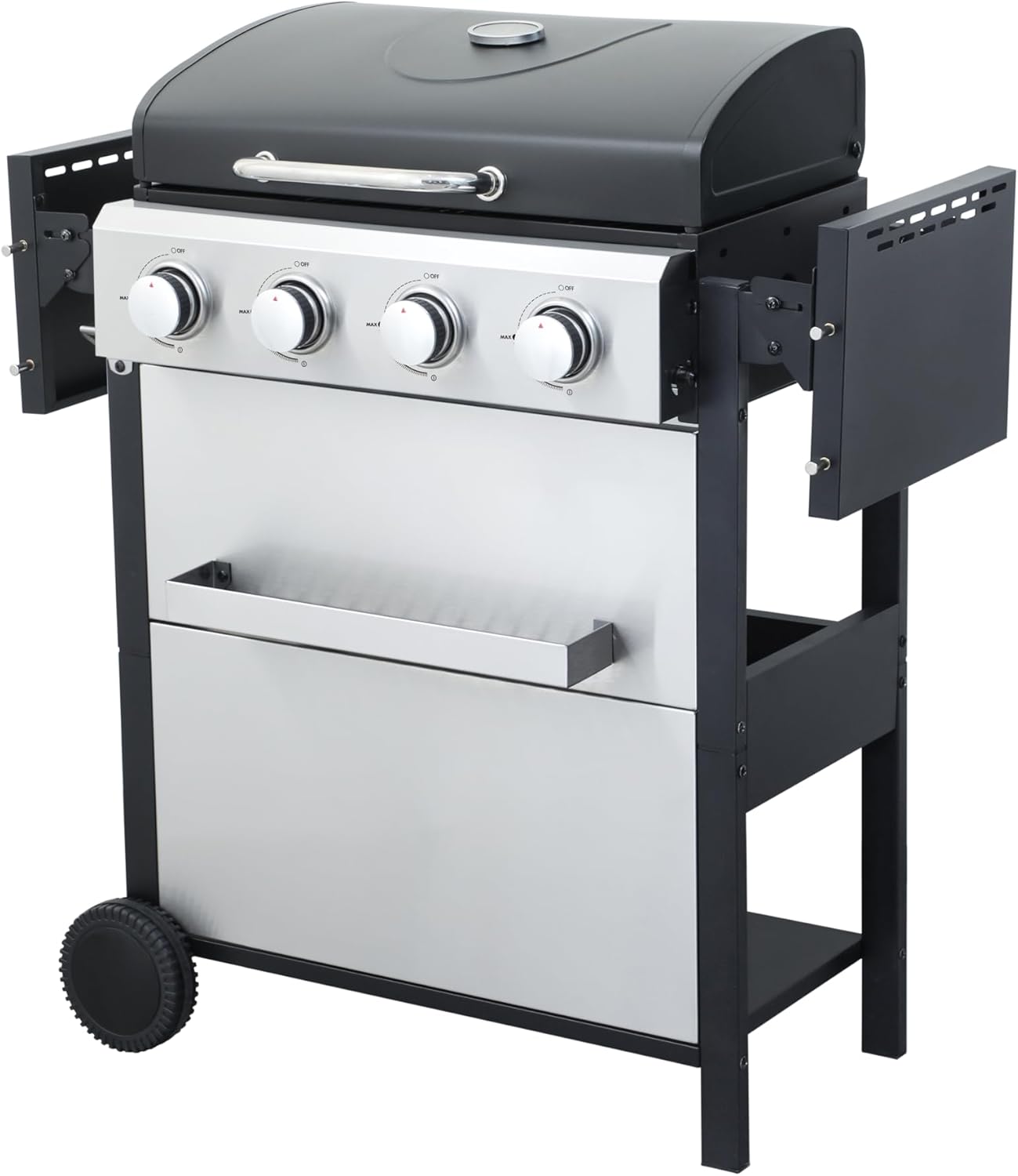 4-Burner Propane Gas BBQ Grill, 34,200 BTU Output, Wire Enamel Cooking Grates, Foldable Side Table and Hanging Basket, Stainless Steel Grill for Outdoor Cooking