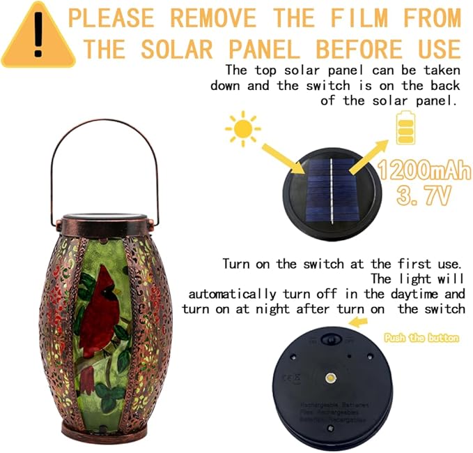 2PCS Cardinal Solar Lanterns Glass & Metal Hanging Light Outdoor Waterproof 16" H Tabletop Lamp with Hollowed-Out Design with Shepherd's Hooks for Garden Patio Table Decor, Green