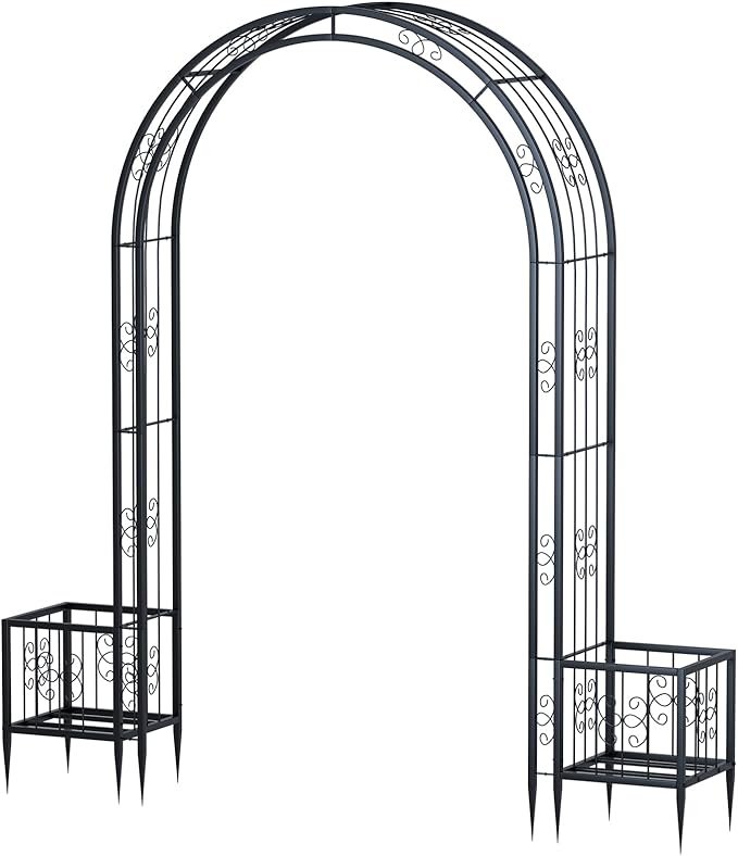 88in Steel Garden Arch Arbor Trellis with Planter Boxes for Climbing Plants Outdoor, Yard, Wide Sturdy Durable Garden Arch for Lawn,Outdoor Wedding Arch(Black)