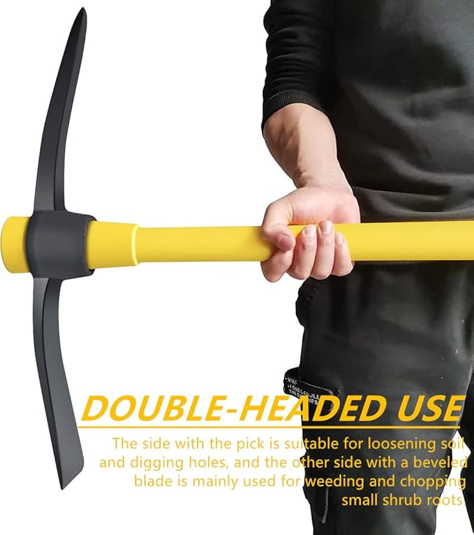 GloriousAMC Heavy Duty Mattock, 36" Fiberglass Handle, Yellow, Steel, Multipurpose Garden Tool, Chopping Soil, Gardening