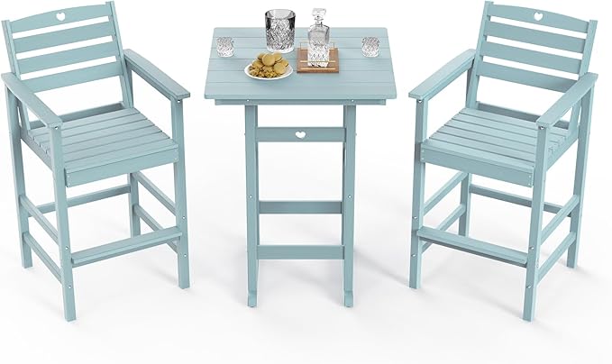 3-Piece Bar Height Outdoor Table and Chairs Set, HDPE Wood Grain Patio Bar Table and Chairs with Heart Cutout Design, Weather-Resistant Bar Height Furniture for Deck, Porch, Pool (Light Blue)