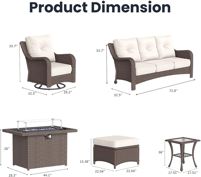 8 Pieces Outdoor Patio Furniture Sets with Rocking Swivel Chairs with 6-inch Thick Cushion and Fire Pit Table for Deck Lawn