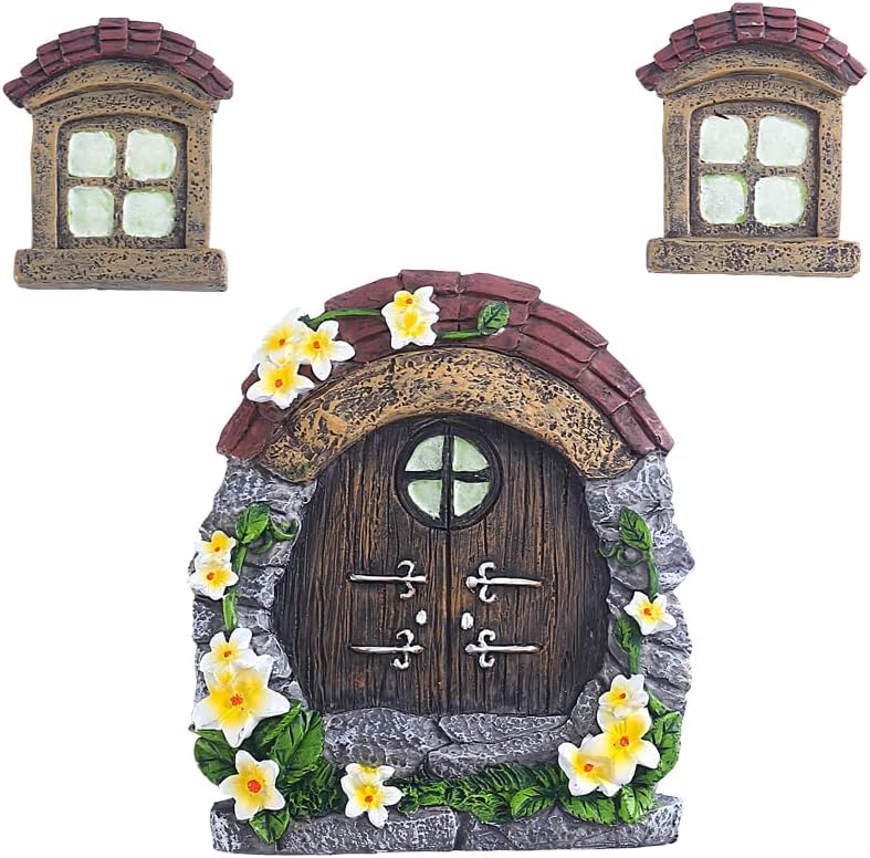 Fairy Gnome Home for Tree Decor,Glow in Dark Fairy House Have Window and Door for Garden Decoration,Fairies Sleeping Door and Windows, Yard Art Garden Sculpture, Lawn Ornament