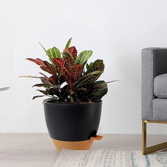 10/9/8 inch Self Watering Pots, Set of 3 Plastic Planters with Mesh Drainage Holes and Deep Reservoir for Indoor Outdoor Garden Plants and Flowers, Black with Brown