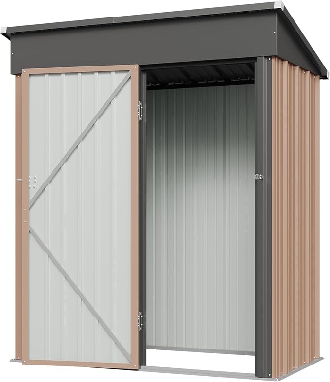 Aoxun 5x3 FT Shed Outdoor Waterproof Storage Shed Metal Garden Shed with Lockable Doors & Slooping Roof for Backyard, Patio, Poolside (Brown)