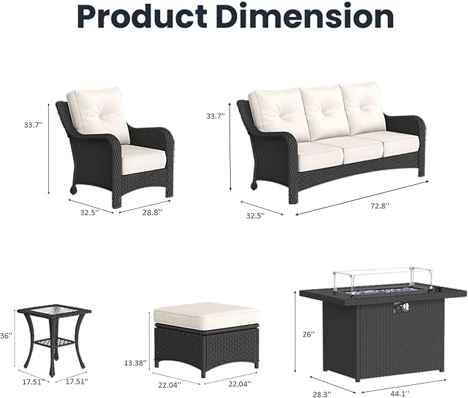 7 Pieces Outdoor Patio Furniture Sets with Single Chairs with 6-inch Thick Cushion and Fire Pit Table for Deck Lawn