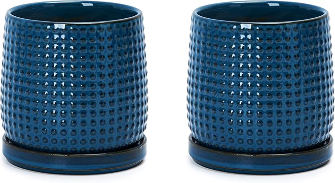 D'vine Dev Set of 2 Ceramic Plants Pots, 4 Inch Beaded Stoneware Flower Pot for Plants with Drainage Hole and Saucer, Midnight Blue, 27-E-Z-3