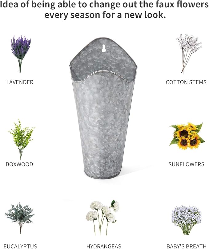 Dahey 2 Pack Galvanized Metal Wall Planter with Artificial Eucalyptus Farmhouse Decor Hanging Wall Vase Planters Flowers Holder for Country Rustic Home Wall Decor,Silver