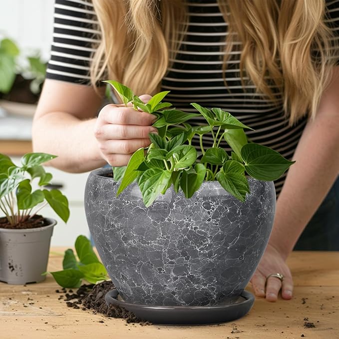 8 Inch Plant Pot - Ceramic Planter Pot with Drainage Hole and Saucer, Glaze Garden Pot Modern Flower Pot for Indoor Plants, Gray