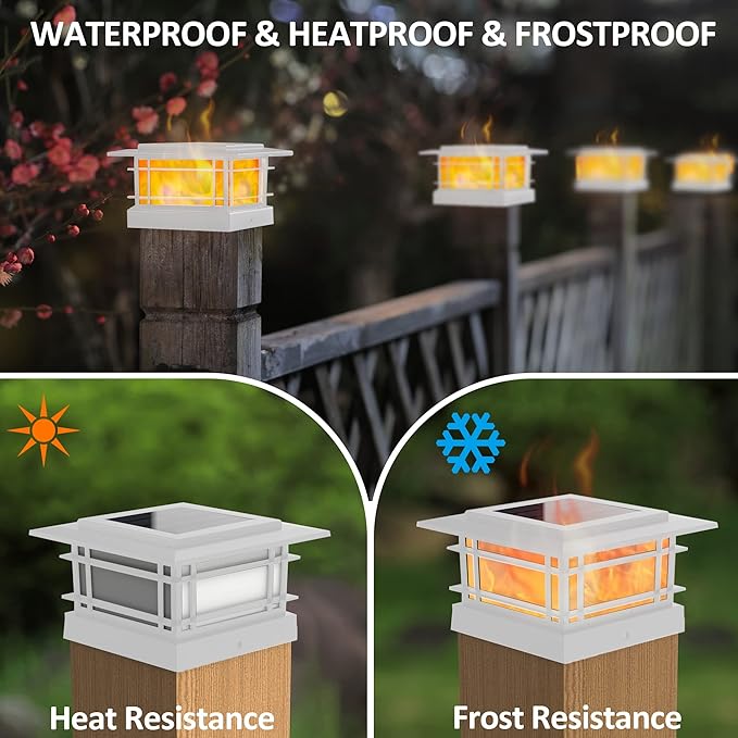 Dynaming 8 Pack Solar Flame Post Lights Outdoor, Solar Powered Fence Post White Shell Cap Light, High Brightness Flickering Flame LED Lighting for Garden Deck Patio, Fit 4x4 5x5 6x6 Vinyl/Wooden Posts