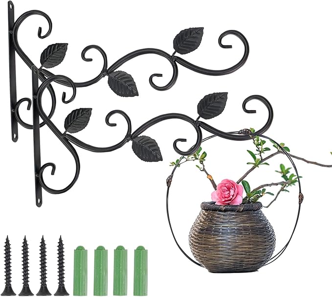 3 Leaves Style Metal Hanging Plant Brackets 12 inches x 7.5 inches, Pack of 2, Wall Mount Plant Hangers, Planter Hooks for Flower Baskets, Bird Feeders in Corridor/Patio/Porch/Garden