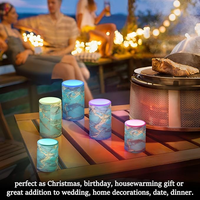 Flickering Flameless Candles, Turquoise Golden Marble LED Candles with Remote Timer, Set of 2 Battery Operated Candle for Valentine Wedding Birthday