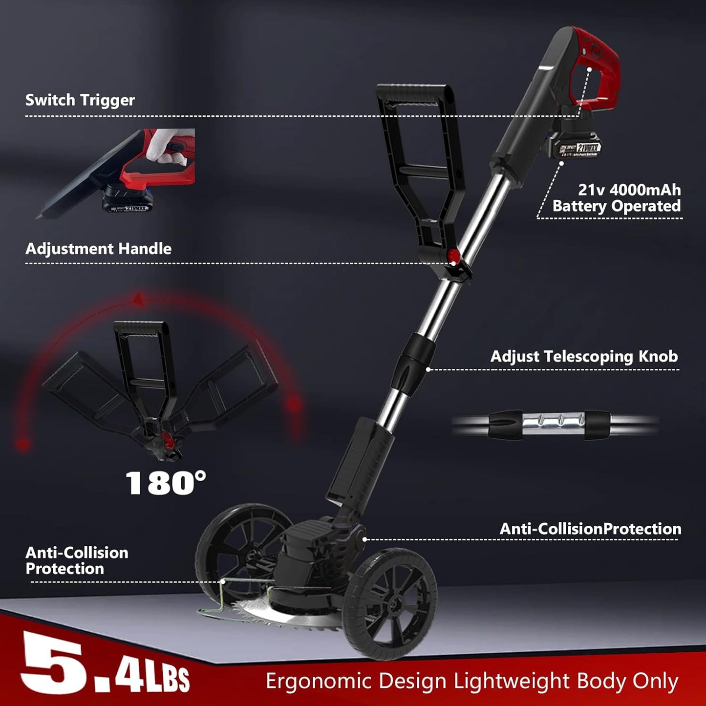 Electric Weed Wacker Eater Cordless Battery Powered, Weed Trimmer 21V Lightweight No-String with 2 Battery Operated & Wheels, 3 in 1 Stringless Grass Trimmer/Edger/Brush Cutter for Garden Yard Lawn