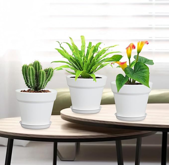 4 inch Small Plastic Nursery Pots, Seedling Pots, 16 Pack Plant Pots for Indoor Outdoor Plants, Flower Pots with Drainage Holes and Saucers, Decorative Planters for House Plants, White