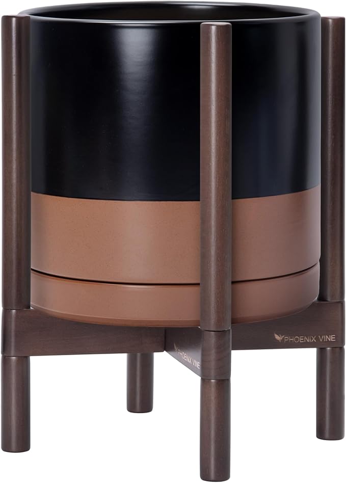 D'vine Dev Ceramic Planter with Walnut Color Stand - 12 Inch Modern Round Flower Pot with Wood Planter Holder, Black/Speckled Tan, 55-B-W-7