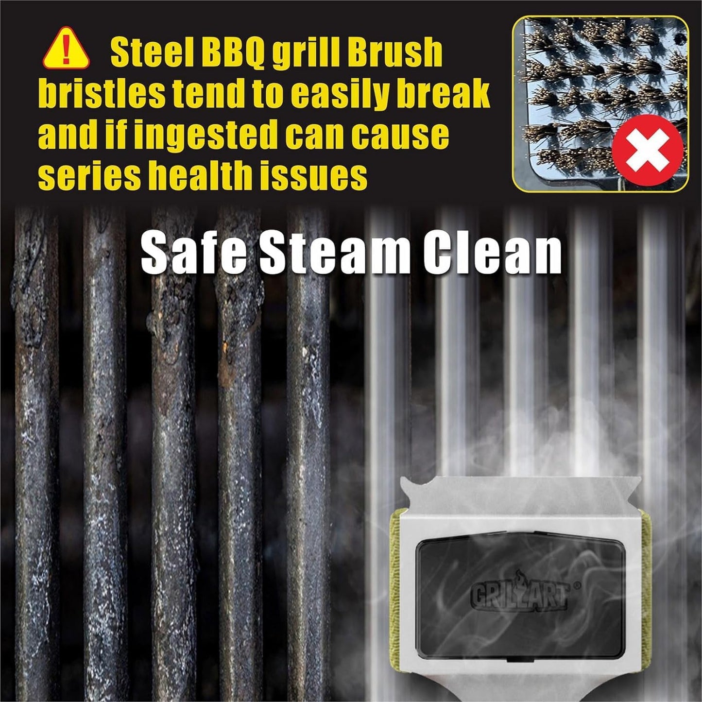 GRILLART Grill Brush Bristle Free, Replaceable BBQ Cleaning Head (No Handle), Safe Replacement Cleaning Pad for Cast Iron/Stainless-Steel Grates - Black