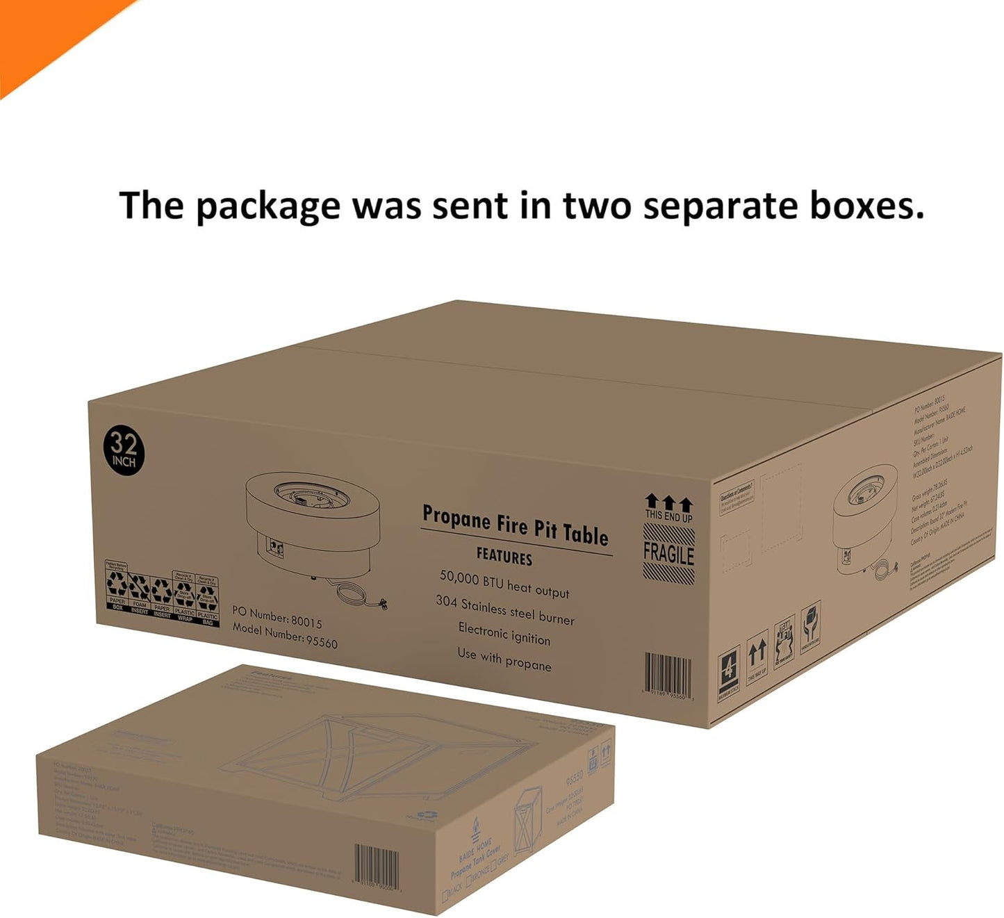 32.5-inch Outdoor Gas Fire Pit with 20lb Propane Tank Cover Table, 50,000BTU Propane Gas Fire Pits for Outside Patio w/Round Burner Lid, Glass Rocks, Pre-Attached 10ft External Gas Hose