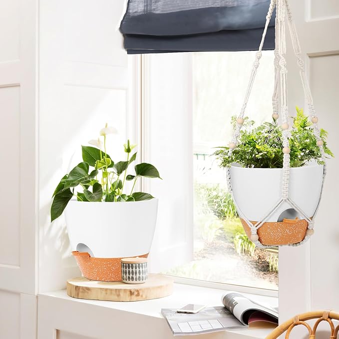 GARDIFE 10 Inch Hanging Planters with Macrame Plant Hanger for Indoor and Outdoor Plants, 2 Pack Large Self Watering Hanging Plant Pot with Basket Flower Pot with Drainage Hole, White