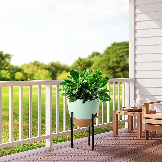 12 inch Large Self Watering Pots, Plastic Planters with 60oZ Removable Deep Reservoir and Multi Mesh Drainage Holes for Indoor Outdoor Garden Plants and Flowers, Green with Brown