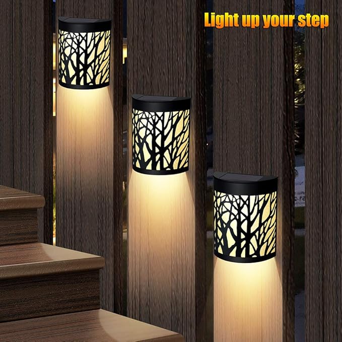 DenicMic Solar Wall Lights Outdoor Wall Sconce Fence Lighting for Patio Front Door Yard Deck Stair Led Forest Decorative Lamps, Waterproof, Warm White/Color Changing (2 Pack)