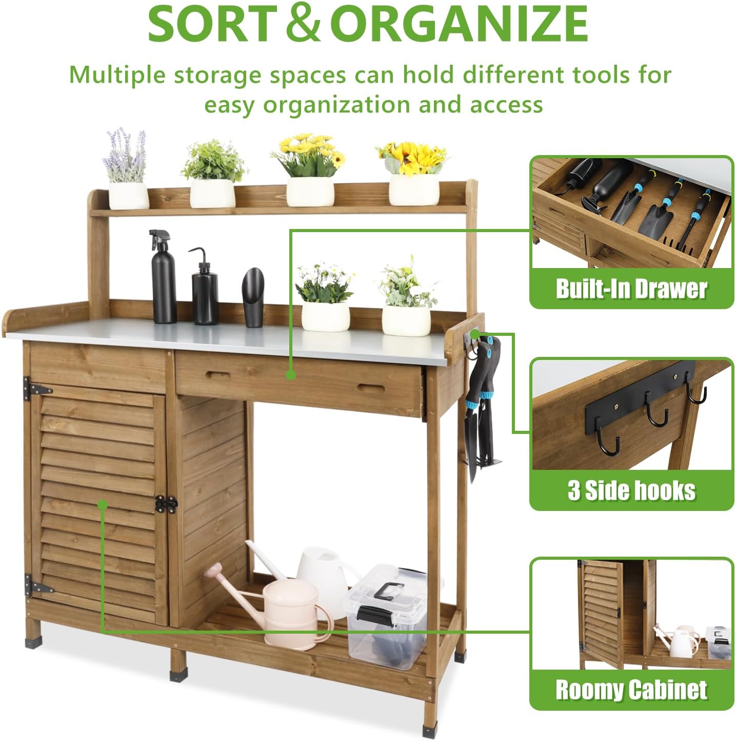 Garden Potting Benche Table Outdoor Wooden Work Station W/Metal Table top,Cabinet,Drawer,Large Bottom Shelf,Open Shelf Natural Wood-Brown-Brown