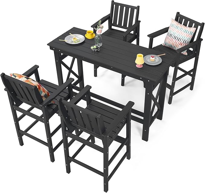 5-Piece HDPE Patio Bar Set, Rectangular Bar Height Table and 4 Adirondack Bar Chairs, All Weather Outdoor Bar Stools Set, Outdoor Bar Table and Chairs Set for Balcony, Pool, Porch, Obsidian