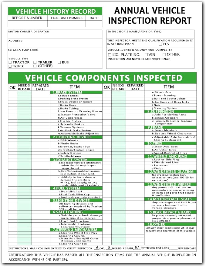 Annual Vehicle Inspection Report Form Dot Annual Inspection Forms and Stickers, 25-pk 3-Ply Carbonless Adhesive Vinyl Label 2-Ply, Driver Vehicle Inspection Report Book for Truck Drivers