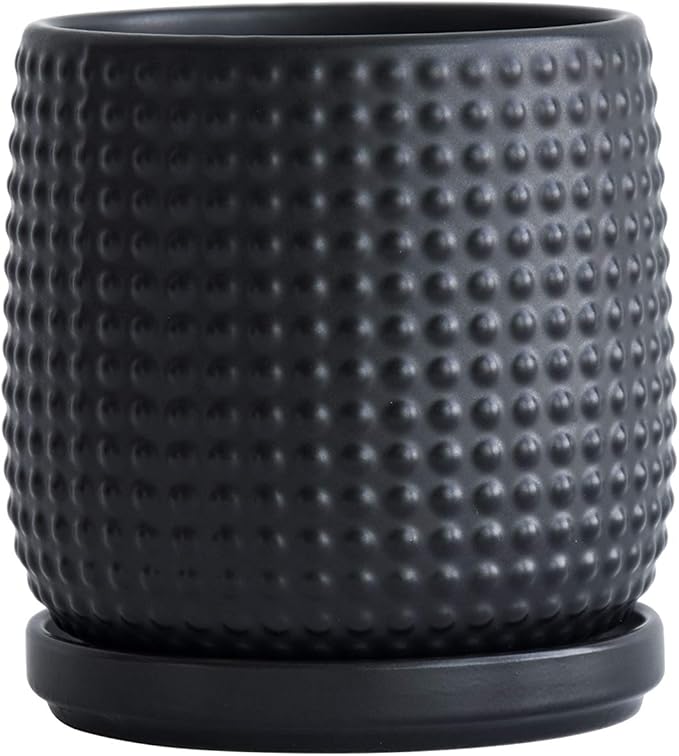 D'vine Dev 4 Inch Ceramic Beaded Stoneware Planter Pot - Flower Pot with Drainage Holes and Saucers for Indoor Succulent Plants or Flowers, Ebony Matte, 27-C-Z-6