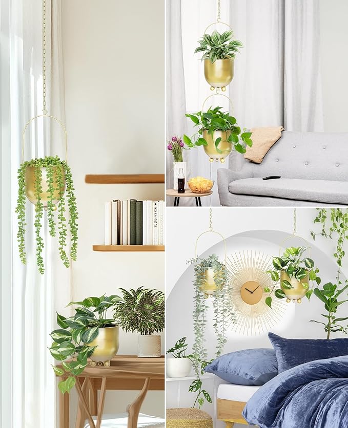 AceList Boho Gold Metal Hanging Planters, Set of 2 with Hooks & Chains - Versatile Wall & Ceiling Window Hanging Planters for Indoor/Outdoor Décor