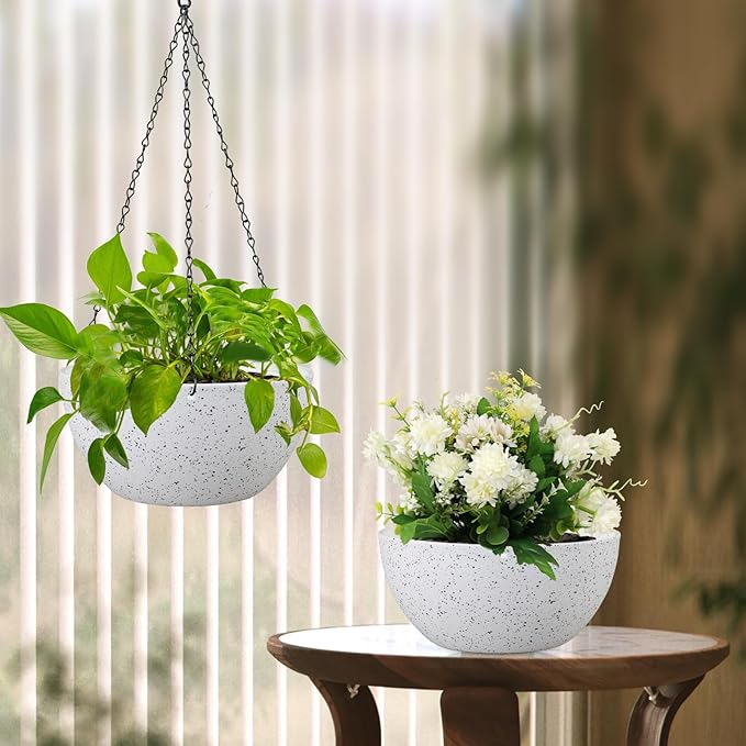 8 inch Hanging Planters for Small Indoor Outdoor Plants, 2 Pack Hanging Flower Pots with Drainage Holes and Chain for Garden Porch, Plastic Hanging Baskets for House Plants, Speckled White