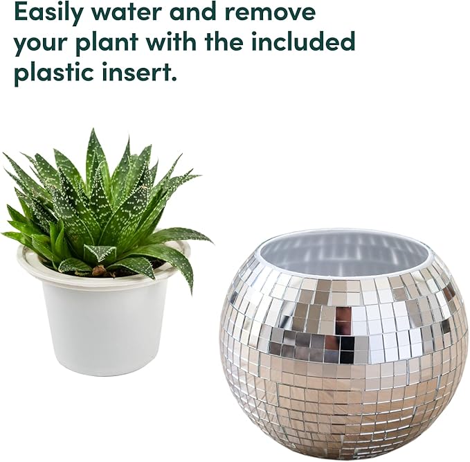 Hanging Disco Ball Planter 8" - with Acrylic Stand and Macrame Plant Hanger - Home Décor, Room Décor, Mirror Disco Planter, Disco Decor (6" with Black Hanger, Flat Base)