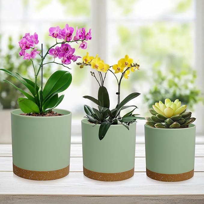5 Pack Cylindrical Flower Pots with 7/6.5/6/5/4 inch, Modern Small Plastic Plant Pots with Drainage Holes & Saucers, Round Planter Pots for Outdoor, Indoor & Office Decor (Green Brown)