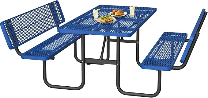 79'' Steel Rectangular Picnic Table for Outdoors, with backrest, Expanded, Lifetime Picnic Table with Umbrella Hole, Heavy Duty Sturdy Commercial Picnic Tables for Garden Courtyard BBQ, Blue