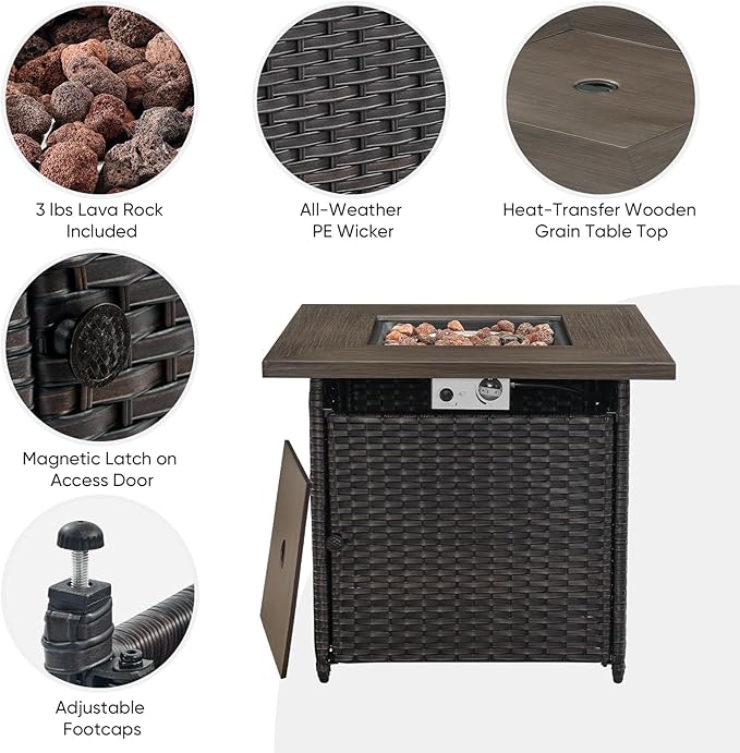 5 Pieces Patio Wicker Furniture Set - 4 Outdoor Swivel Rocker Glider Chairs with Propane Fire Pit Table, Warm Patio Conversation Set Beige Cushion Perfect for Casual Gathering