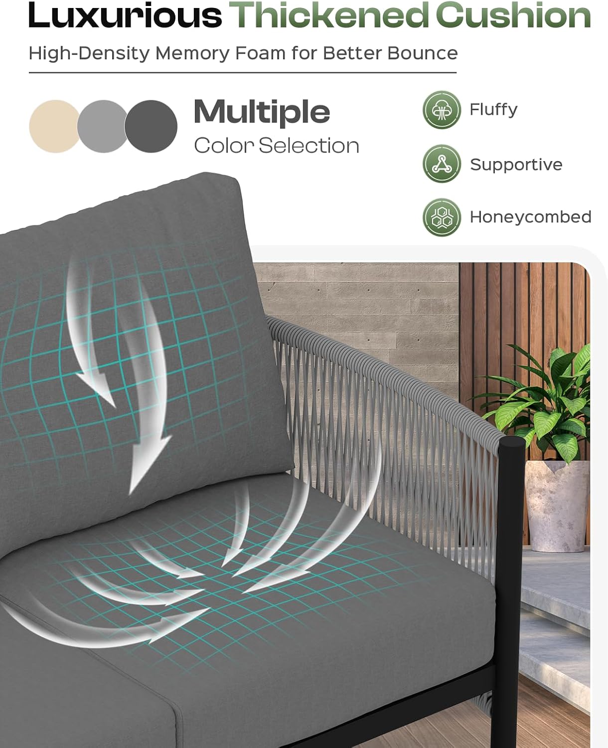 Aluminum Outdoor Sofa Armchair, HDPE Rope Patio Couch with Washable Thick Cushion, All-Weather Outdoor Patio Chairs Set of 2 for Balcony, Yard, Gray Frame, Charcoal