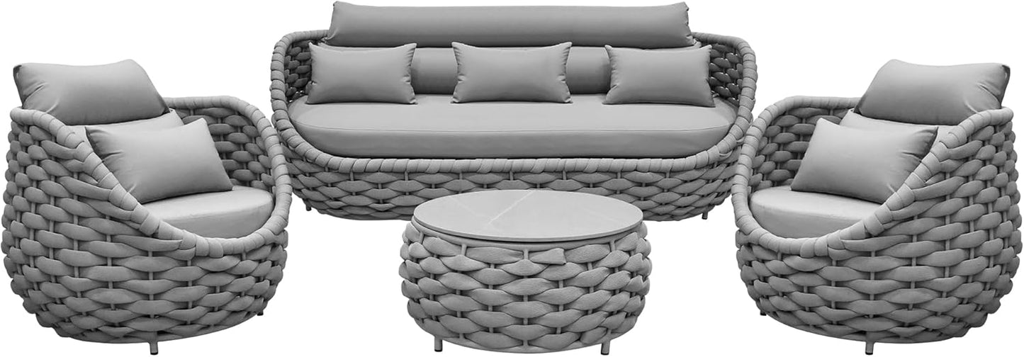 Aluminum Modern Patio Set Three Seater Sofa Outdoor Furniture Set w/Coffee Table,Patio Conversation Set with Hand Woven Teslin Rope for Bedroom Backyard Poolside, Light Grey