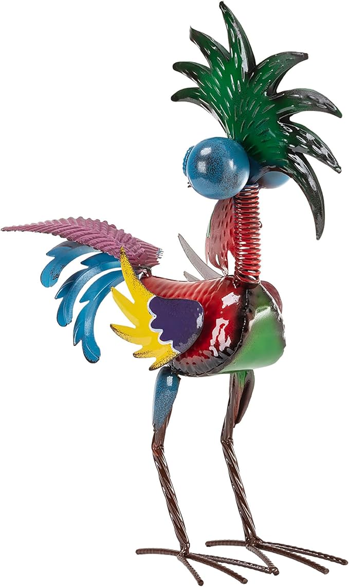 Alpine Corporation 19" Tall Indoor/Outdoor Wild Tropical Metal Rooster Yard Statue Decoration, Multicolor