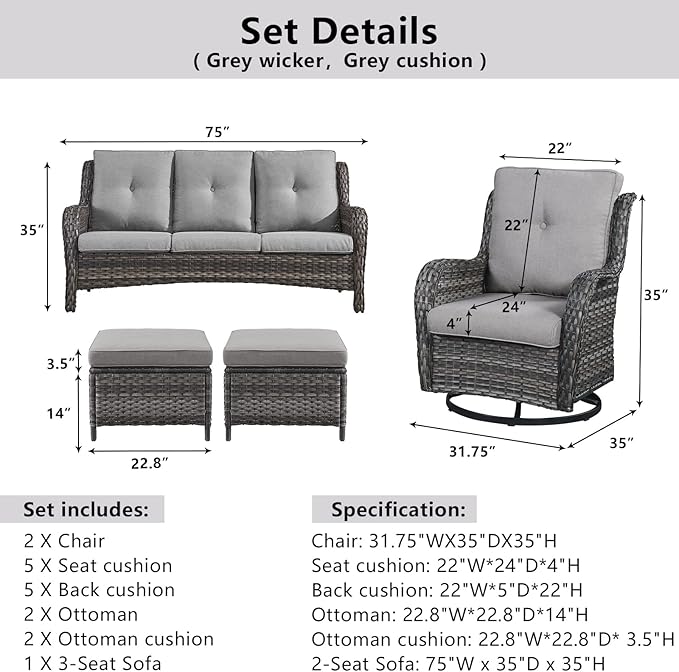 5 Piece Outdoor Patio Furniture Set - Wicker Furniture Patio Conversation Set, Outdoor Swivel Rocker Chairs with 3-Seater Sofa and 2 Ottomans for Small Space, Gray Cushion