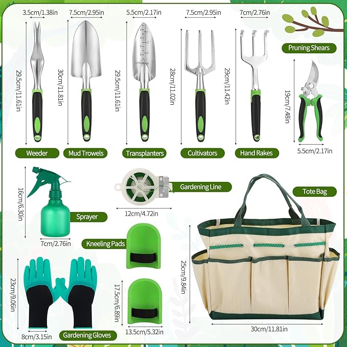 Garden Tool Set, 11 Piece Stainless Steel Heavy Duty Gardening Supplies with Green Black Handle Outdoor Weeding Gifts for Women