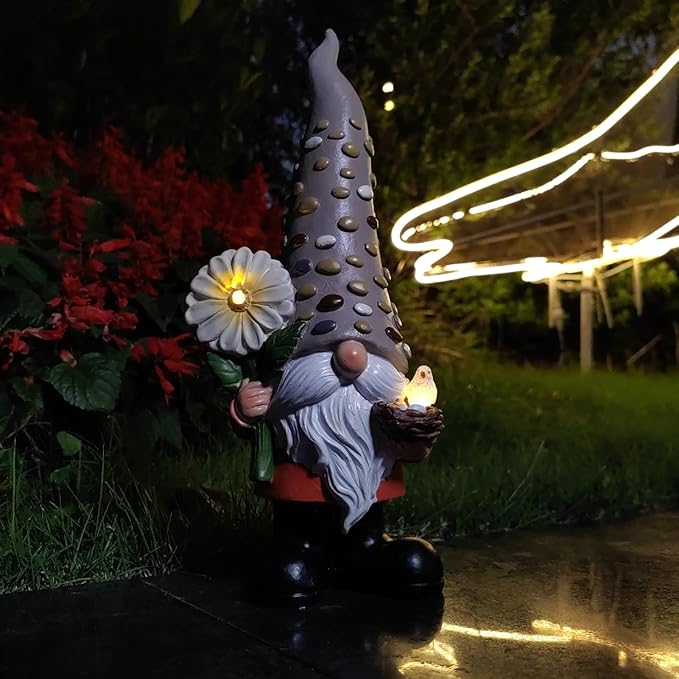 12 Inch Solar Garden Gnome Statue Clearance with Sunflower and Bird's Nest Light – Outdoor High Hat Gnome Sculpture Outdoor Statue for Patio and Garden Decor – Figurine Gift for Gnome Lovers