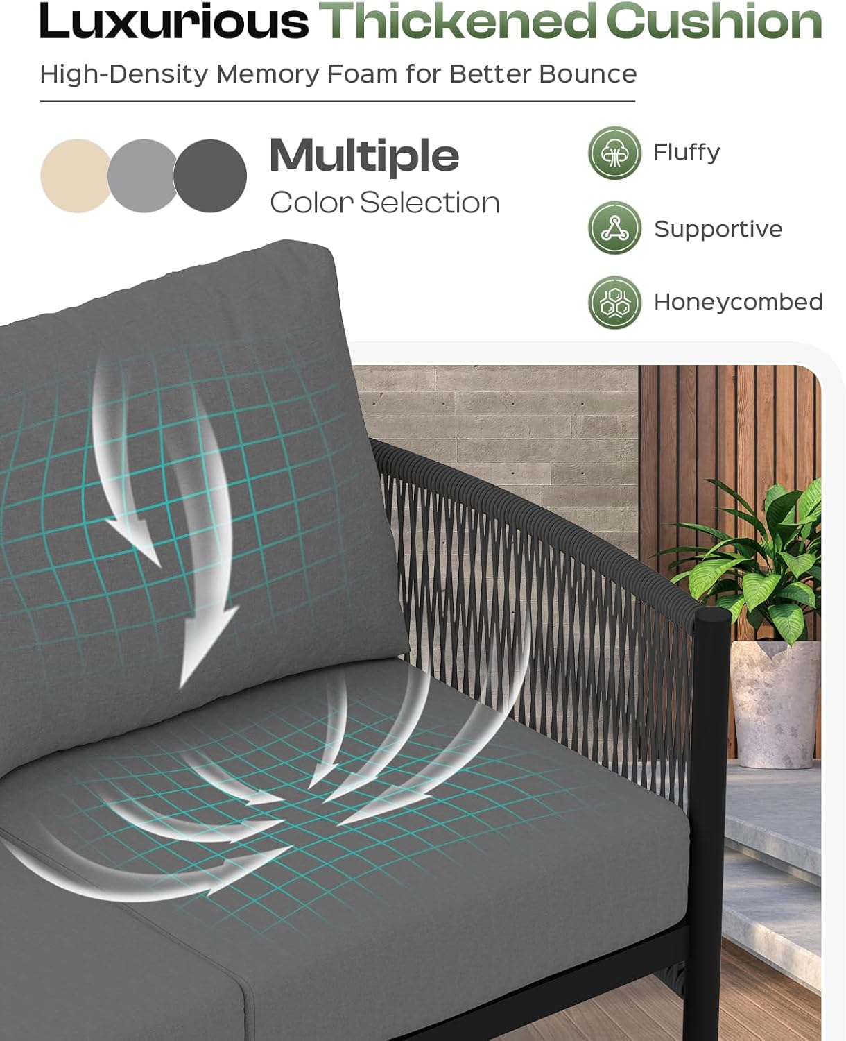 Aluminum Outdoor Patio Furniture Set, HDPE Rope 4 Piece Modern Sectional Conversation Sets with Dual-Layer Coffee Table, All Weather Patio Couch Set with Thick Cushions, Gray Frame, Charcoal