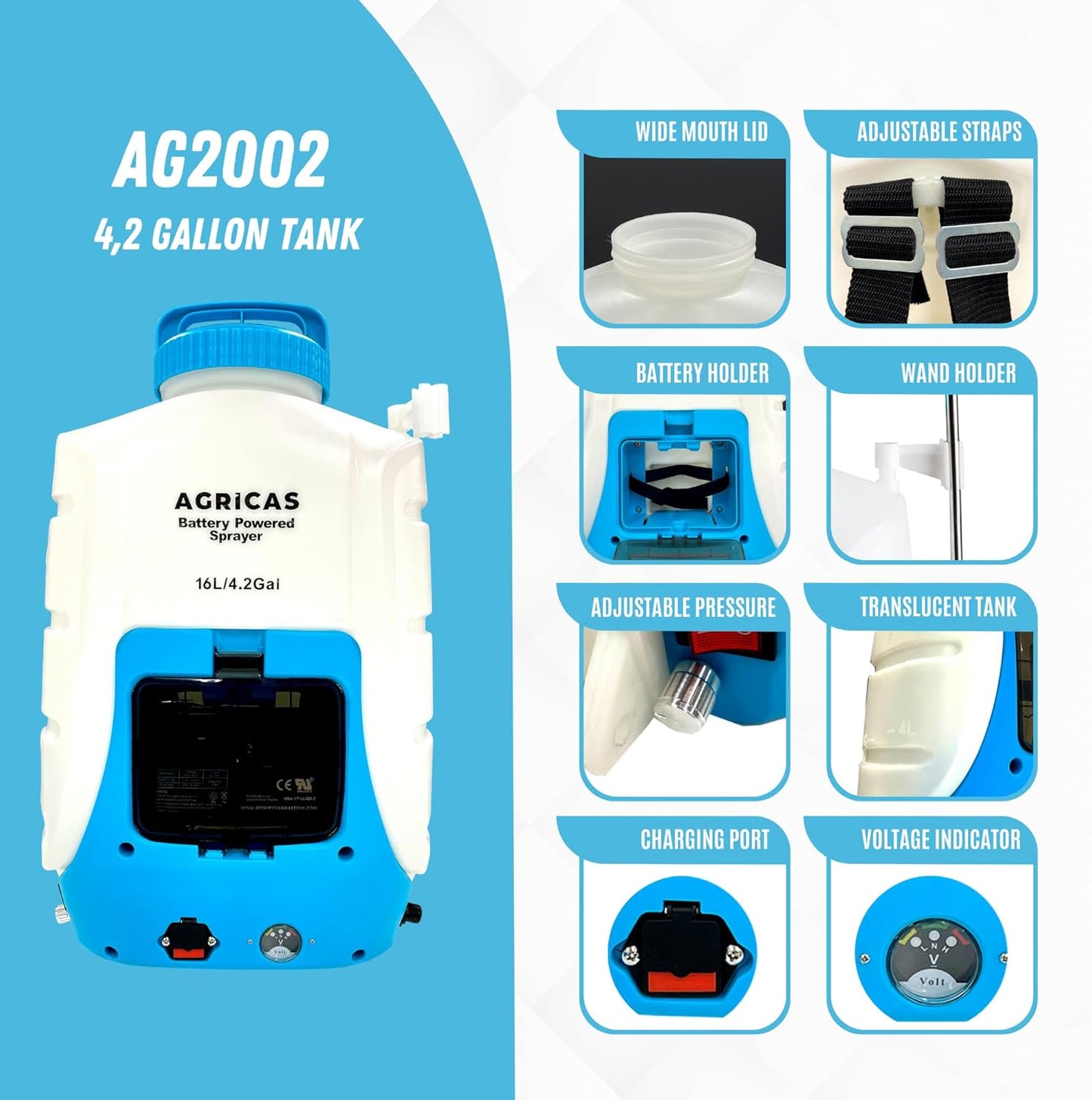 4.2 Gal Battery Powered Backpack Sprayer-Multifunctional Weed Sprayer for Lawn&Garden with Adjustable Nozzles and Shoulder Strap, High-Pressure Spray Hose for Weeding&Cleaning