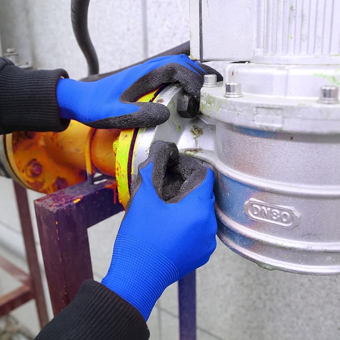 Evridwear Crinkle Latex Rubber Hand Coated Safety Work Gloves for Men Women General Multi Use Construction Warehouse Gardening Assembly Landscaping (Large,Blue- 12Pair)