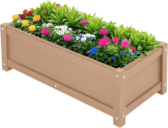 HDPE Raised Planter Box Outdoor,Rot-Resistant and Non-Cracking,Raised Beds for Gardening 29.5 * 14.4 * 9.8 in for Yard,Lawn,Outdoor Planter Boxes Rectangle with Drainage Holes Brown