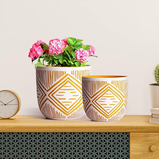 2 Boho Style Terra Cotta Pots, 6 Inch Yellow Plant Pots with Drainage Holes, Suitable for Indoor Plants Ferns,Vines, Succulents and Outdoor Plants Growing, a Gift for Plant Lovers