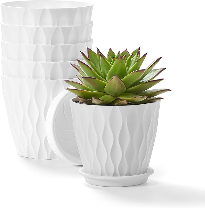 FaithLand 6-Pack 6-Inch Plastic Plant Pots with Saucers | Thickened PP Material, Modern Wave Texture, Enhanced Drainage for Indoor/Outdoor Garden Plants | White Value Set