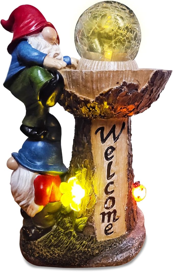 Garden Gnome Statues, Garden Statues for Outside with Solar LED Lights, 10.4 in Funny Double Gnomes Sculptures Outdoor Decorations for Yard, Ideal Gnomes Gifts for Women/Mom/Grandm