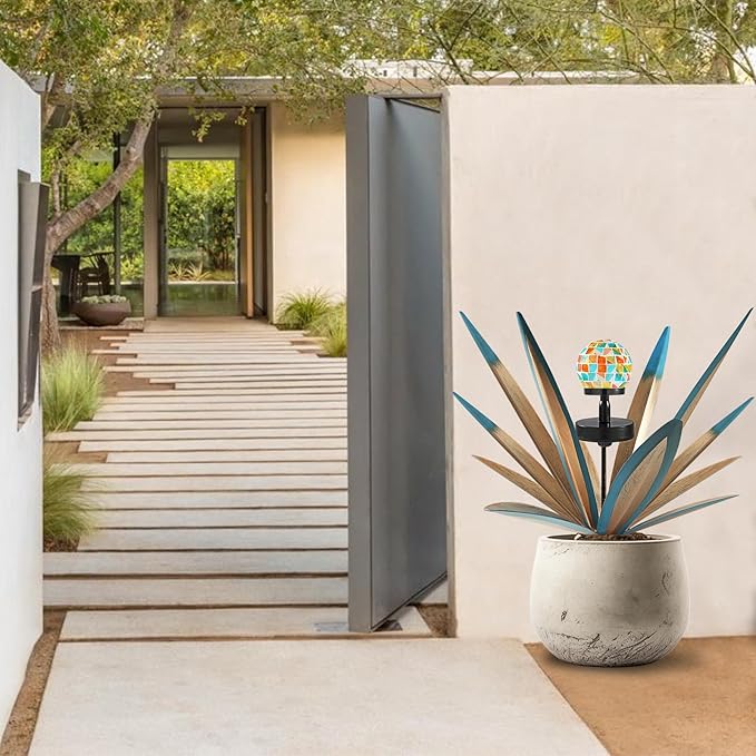 Enlarge Metal Plants Tequila Rustic Sculpture, Outdoor Patio Yard, Home Decor Hand Painted Agave Garden Statue, Outdoor Lawn Ornaments Yard Stakes for Mom Gift (1 Solar Blue)