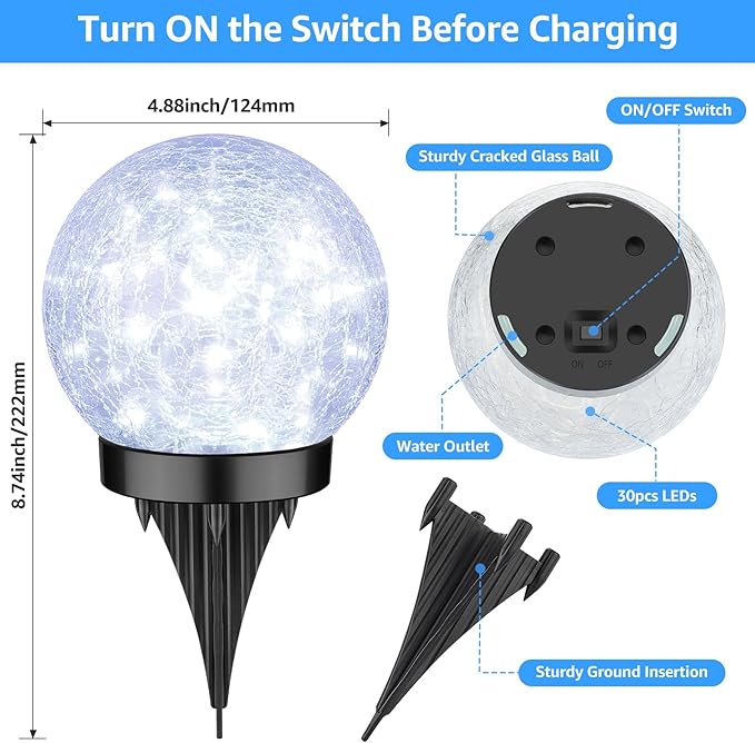 2-Pack Garden Solar Lights Outdoor, Cracked Glass Ball Light Waterproof, Decorative Solar Powered Globe Lighting Cool White for Yard Pathway